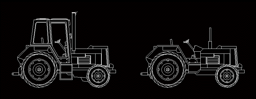 Trator agrícola em vistas., - Detalhes do Bloco DWG